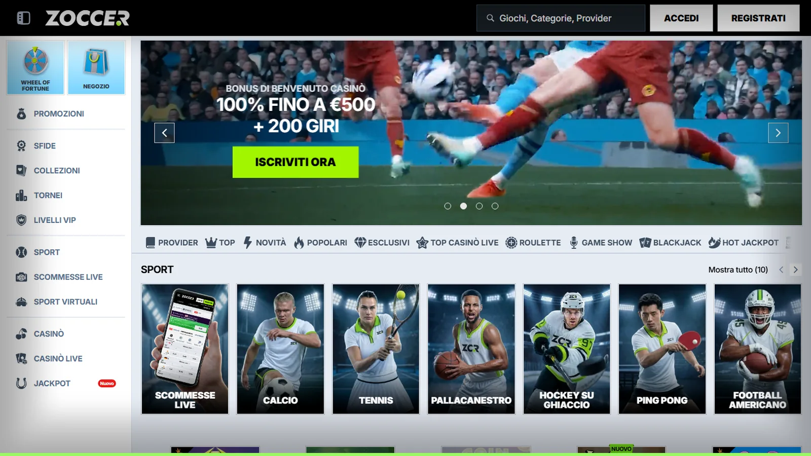 La home di Zoccer: in alto Accedi e Registrati, il banner del bonus casinò con Iscriviti ora e sotto i riquadri sport e le prime slot