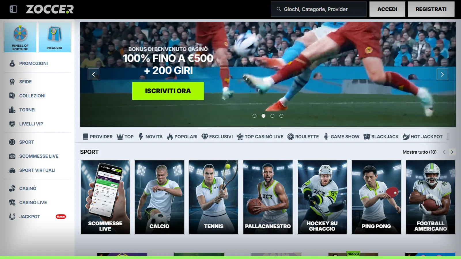 La home di Zoccer: in alto Accedi e Registrati, il banner del bonus casinò con Iscriviti ora e sotto i riquadri sport e le prime slot