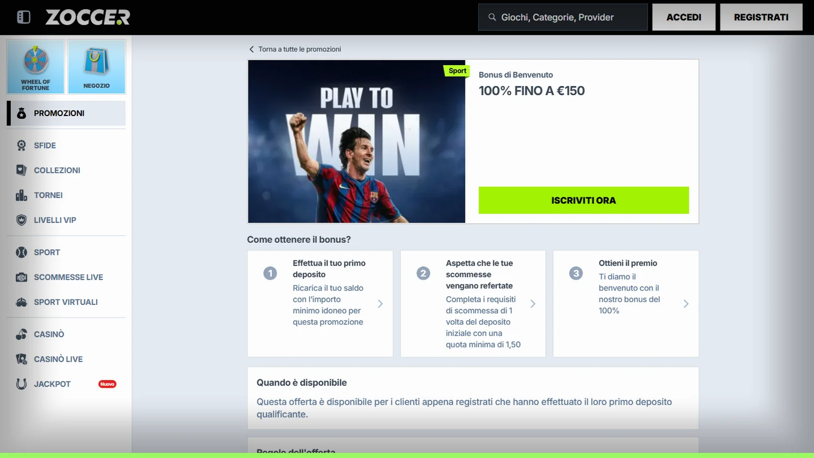 Il bonus sport di benvenuto, 100% fino a €150, con i tre passaggi (primo deposito, scommessa refertata, premio) e le regole in basso