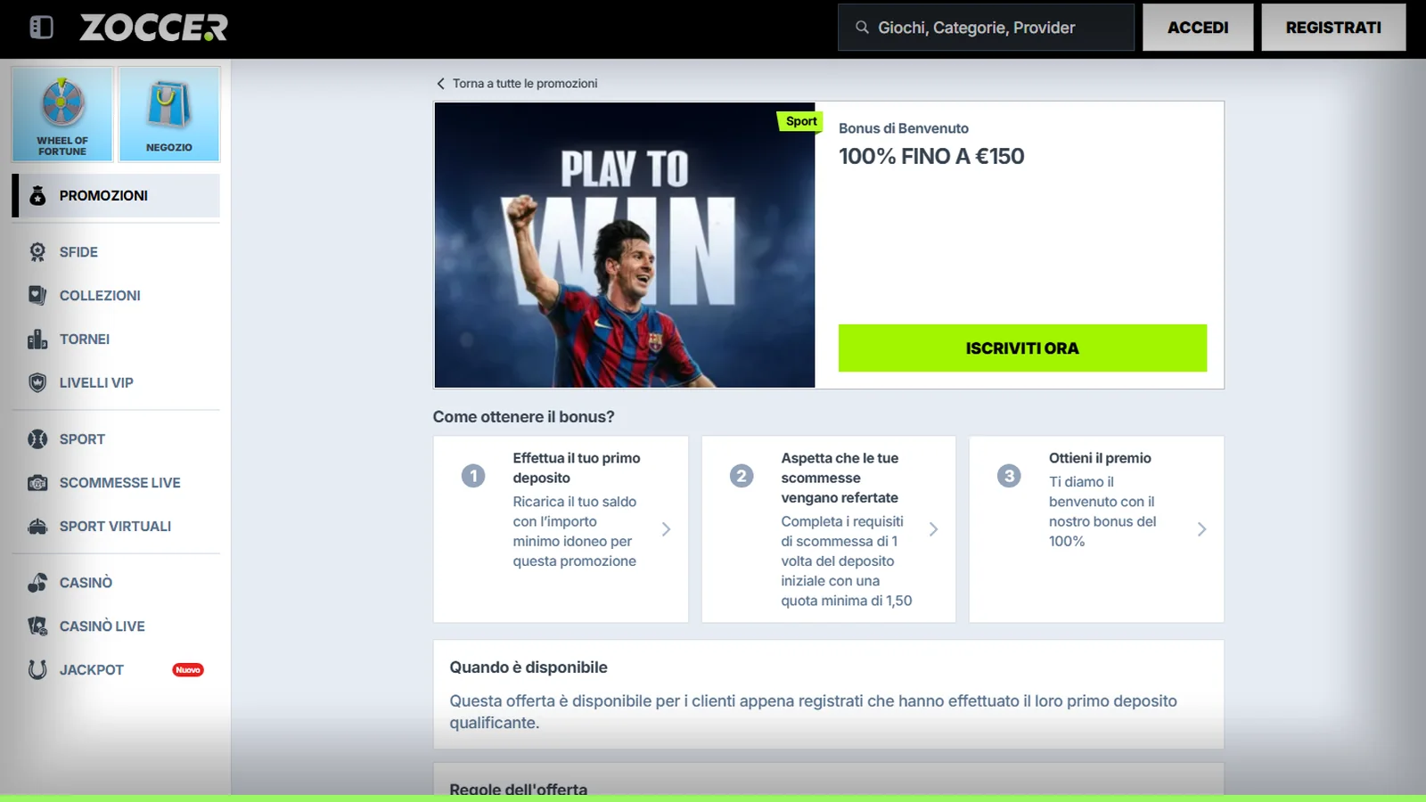 Il bonus sport di benvenuto, 100% fino a €150, con i tre passaggi (primo deposito, scommessa refertata, premio) e le regole in basso