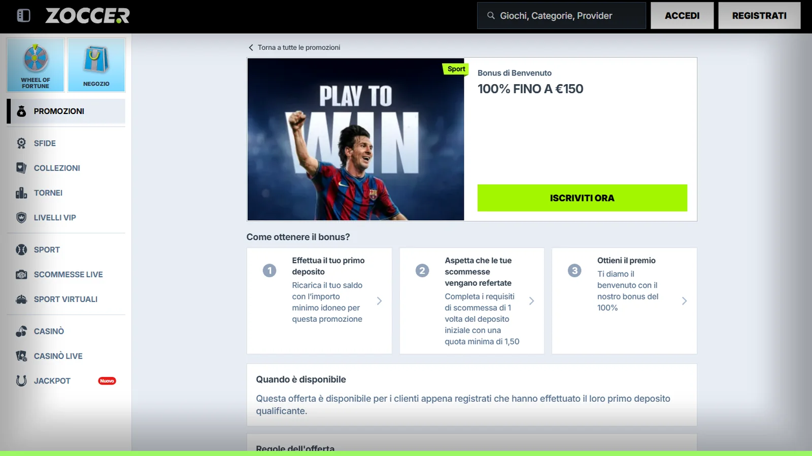 Il bonus sport di benvenuto, 100% fino a €150, con i tre passaggi (primo deposito, scommessa refertata, premio) e le regole in basso