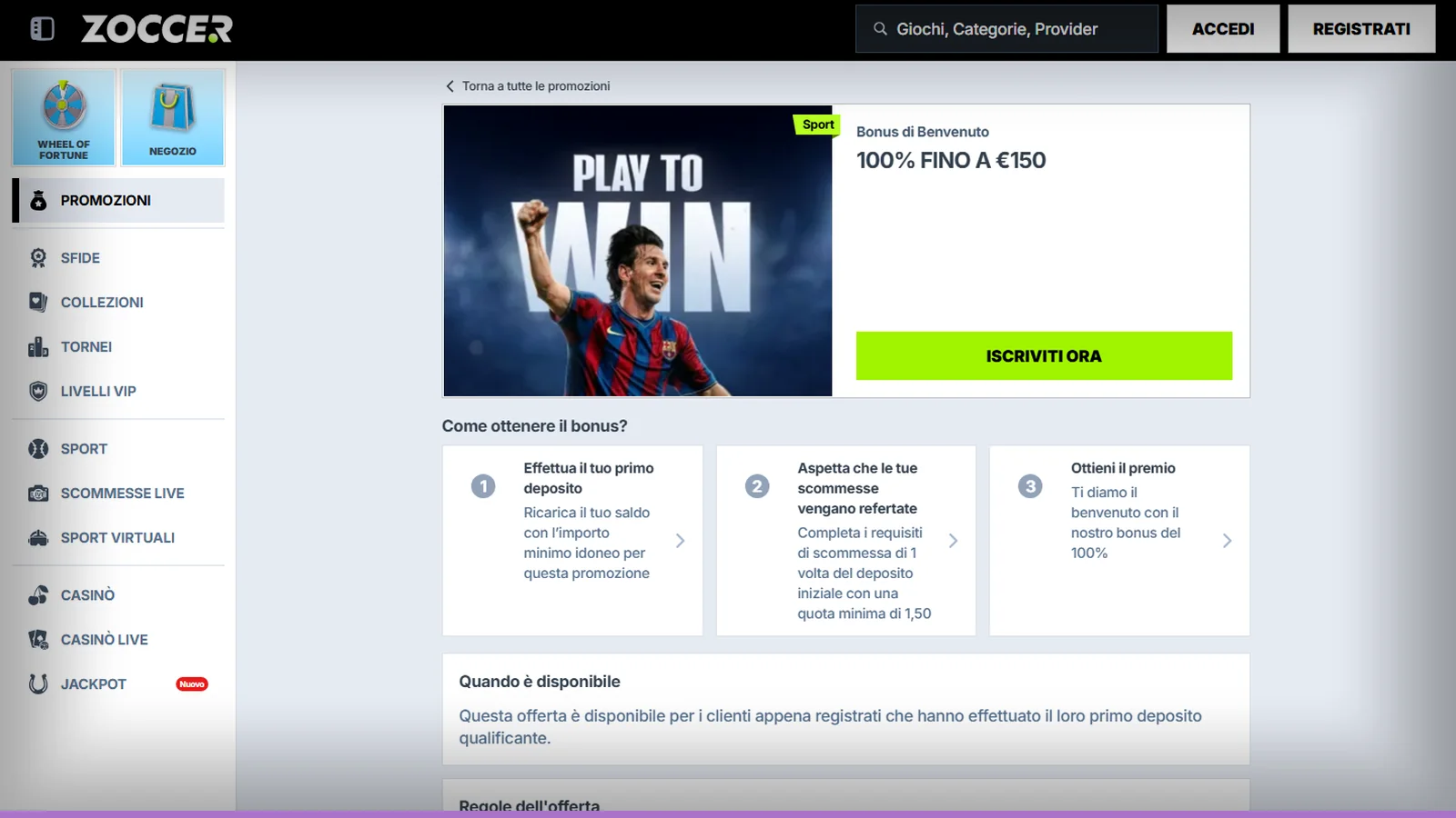 Il bonus sport di benvenuto, 100% fino a €150, con i tre passaggi (primo deposito, scommessa refertata, premio) e le regole in basso