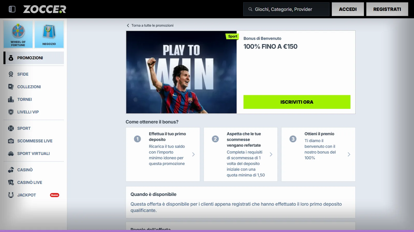 Il bonus sport di benvenuto, 100% fino a €150, con i tre passaggi (primo deposito, scommessa refertata, premio) e le regole in basso
