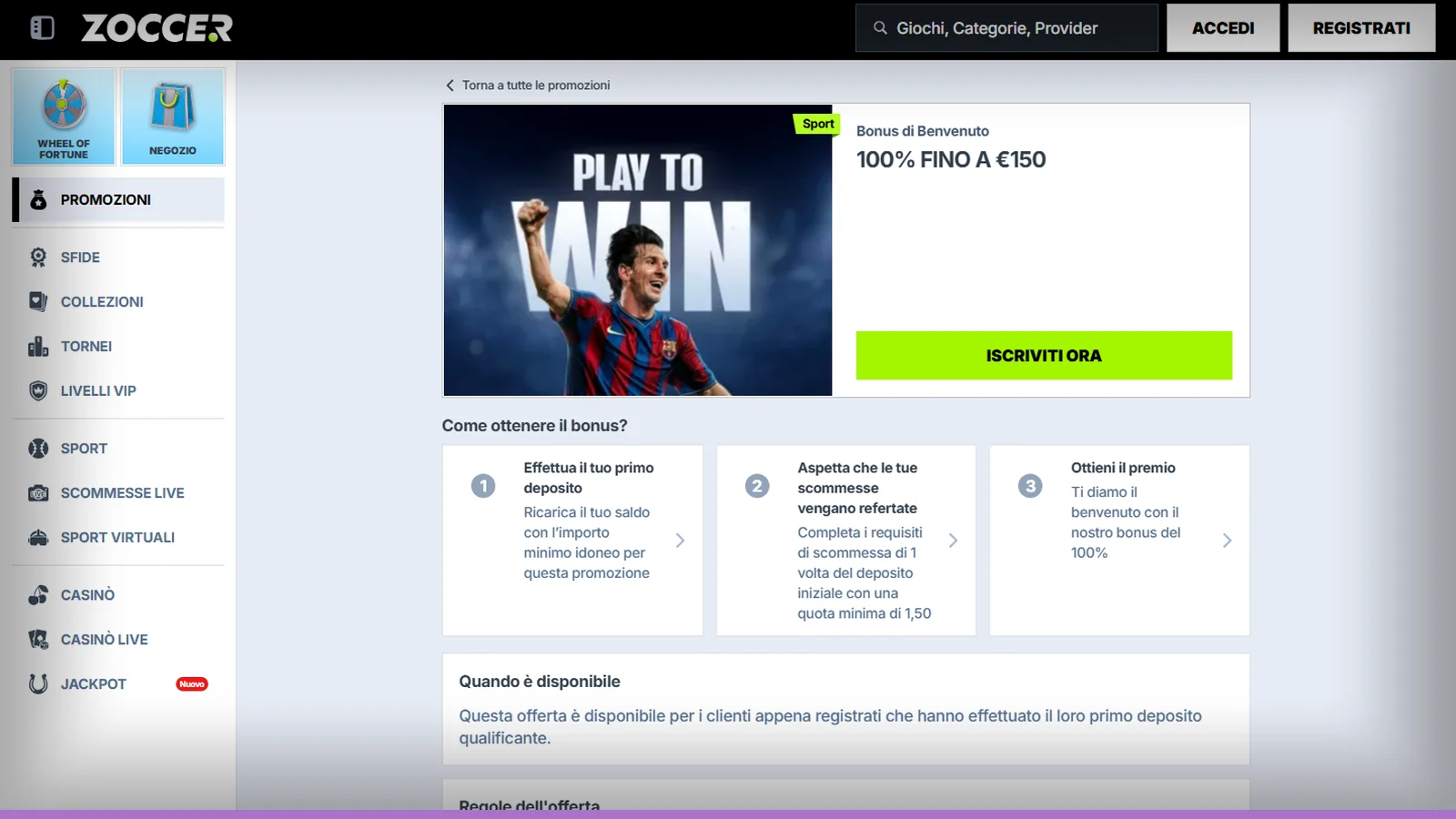 Il bonus sport di benvenuto, 100% fino a €150, con i tre passaggi (primo deposito, scommessa refertata, premio) e le regole in basso